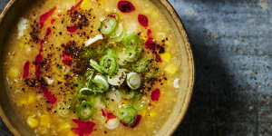 Sweet corn soup with chicken and sesame toast. 