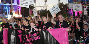The 78ers march along Oxford Street in last year’s Sydney Gay and Lesbian Mardi Gras. 