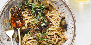 Miso eggplant noodles with crunchy chilli oil.