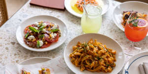 Prawn and cuttlefish linguine and oxheart tomatoes with goats curd at Bobby’s.