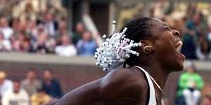A jubilant Serena Williams after beating Lindsay Davenport en route to winning the 1999 US Open.