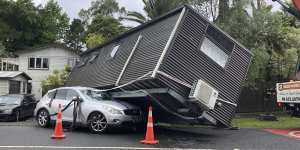 Floods in Auckland shifted a portable home.