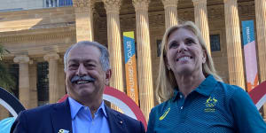 Brisbane 2032 Games president Andrew Liveris,Brisbane 2032 and Games chief executive Cindy Hook mark nine years until the Games begin.