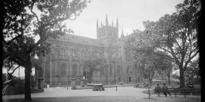 St. Mary's cathedral from under the trees of Hyde Park,Sydney,ca. 1928.