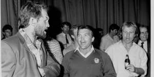 Ray Price,John Monie and Peter Sterling celebrate at Parramatta Leagues Club after the Eels’ 1986 grand final victory.