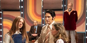 Ingrid Torelli as the possessed Lilly,David Dastmalchian as Night Owls host Jack Delroy and Laura Gordon as the psychologist June in Late Night with the Devil.