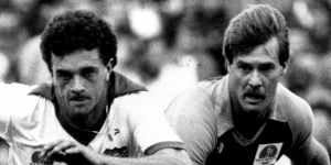 Arnold (left) playing for Sydney Croatia in 1985.
