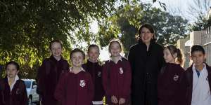 Premier Gladys Berejiklian with children from Willoughby Public School ahead of Walk Safely to School day on Friday. 