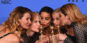The cast of Big Little Lies (from left:Laura Dern,Nicole Kidman,Zoe Kravitz,Reese Witherspoon and Shailene Woodley) with their Golden Globe awards.