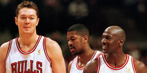 Luc Longley and Michael Jordan for Chicago in 1997.