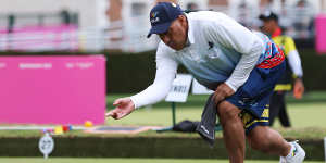 Premier of Niue,Dalton Tagelagi,practises on the bowling greens at Victoria Park at the Commonwealth Games. 