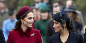 Catherine,Duchess of Cambridge and Meghan,Duchess of Sussex attend the Christmas Day church service at Sandringham in 2018.