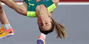 Nicola Olyslagers soars in the high jump final at the world athletics indoor championships.