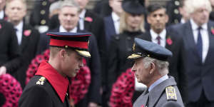 Prince William and King Charles III attend the Remembrance Sunday service at the Cenotaph on Whitehall in London in November.
