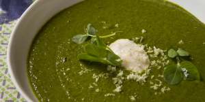 Spring pea soup:Potato and stock lend a surprising richness.