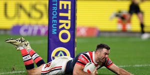 James Tedesco scores a try during the round 21 NRL match against Manly.