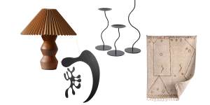 “Leo” lamp;“Model A” mobile;“Marais” candle holders;“Atlas” rug. 