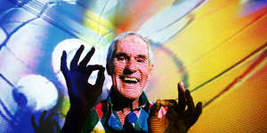 Timothy Leary,the former LSD experimenter,in his home in California in 1992 with video images projected over him. Leary died of cancer in 1996.
