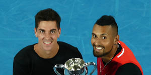 Doubles champs:Kokkinakis and Kyrgios with their trophy after last year’s successful Open campaign.