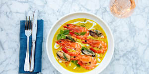 Prawn and mussel laksa is a play on everyone's favourite spicy Malaysian noodle soup.