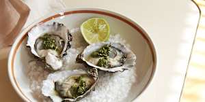 Sydney rock oysters with green chilli and coriander vinaigrette.