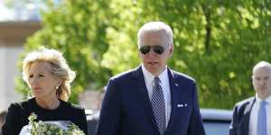 President Joe Biden and first lady Jill Biden visit the scene of the Buffalo mass shooting in May