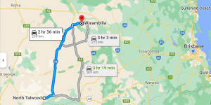 A map shows that the location of the Boonangar Bridge over the Macintyre River,south-west of Goondiwindi,and Wieambilla,where the mass shooting of six people took place on December 12,are about 230 kilometres apart.