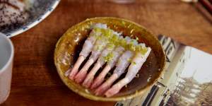 Daintiest prawn dish of the year:Ama-ebi (spot prawns with pickled wasabi stem).