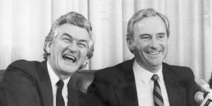 Bob Hawke shakes hands with Bill Hayden,after he unsuccessfully challenged Hayden for the leader’s position.