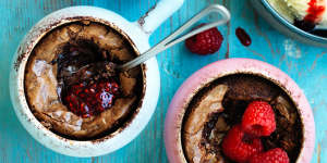 Rachel Khoo's chocolate brownie pots with raspberry compote.