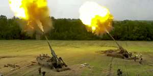 Russian Malka artillery systems fire from an undisclosed location in Ukraine. 