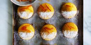 Orange,semolina and coconut cakes with orange blossom syrup and marmalade glaze.