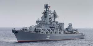 The Russian missile cruiser Moskva,which was struck by two Ukrainian missiles on Wednesday and sank one day later.