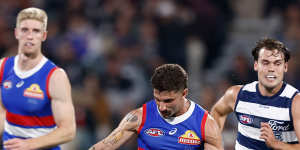 Tom Liberatore was constantly in the thick of the action for the Bulldogs on Saturday night against Geelong,but couldn’t get his team home.