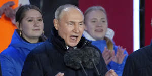 Russian President Vladimir Putin gestures during his speech in Red Square.