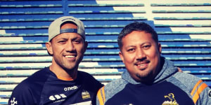 Surprise reunion:Christian Lealiifano was presented with his match jersey by brother Eddie,who had flown to Buenos Aires.