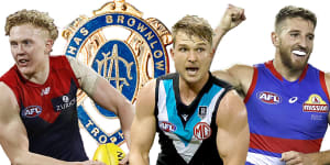 The leading Brownlow contenders:Melbourne’s Clayton Oliver,Port Adelaide’s Ollie Wines and Bulldog Marcus Bontempelli.