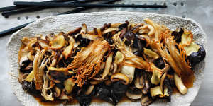 Kylie Kwong's stir fry of five mushrooms with soy and ginger. 