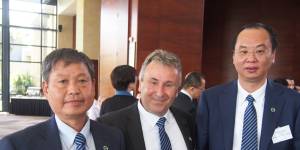 Brighsun executives,from left:Director Kejun"Kevin"Huang,former CEO Allan Saylav and Chinese co-director Zhang Genjiang.