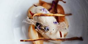 Grilled pear,pear-skin twigs and truffle ice-cream. 