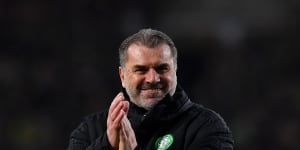 Ange Postecoglou celebrates his first Old Firm derby win with Celtic.