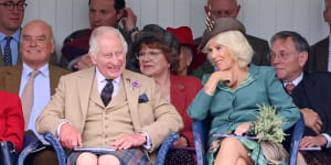 King Charles III and Queen Camilla laughing in Braemar,Scotland,on the weekend.