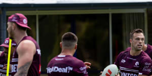 Luke Brooks trains for the first time with Manly on Friday