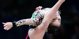 Alina Kabaeva in action as a gymnast.