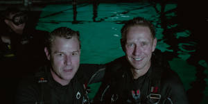 Corser (left) with Dr Richard “Harry” Harris on the set of Thai Cave Rescue. 