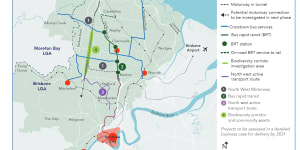 A map showing the potential North West Motorway and Brisbane bus extensions.