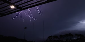Four Pines Park in darkness during a blackout as a storm passes over the northern beaches ahead of the NRL match between the Manly Sea Eagles and Sydney Roosters on Thursday.