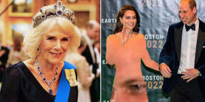 Queen Camilla at Buckingham Palace,December 6 and Princess Catherine’s rented lime green dress worn to the Earthshot Prize in Boston. It was given the meme treatment on social media.