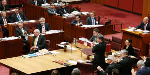 Labor senators give Attorney-General George Brandis an unprecedented standing ovation while his Coalition colleagues remain seated following his criticism of Pauline Hanson.