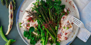 Cod roe dip with fresh and charred greens.